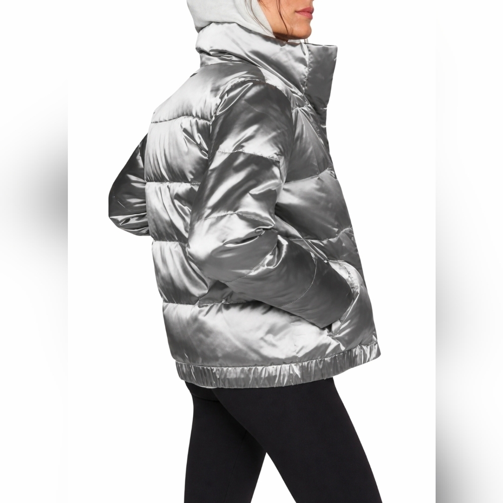 Athleta Metallic Silver Puffer Jacket High Shine Quilted Coat Size S